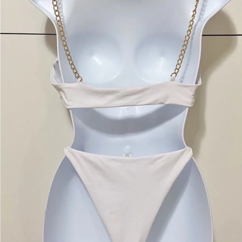 Sale! White Bikini with Gold Metal Strap Accents Women’s Size Large - Picture 3 of 5